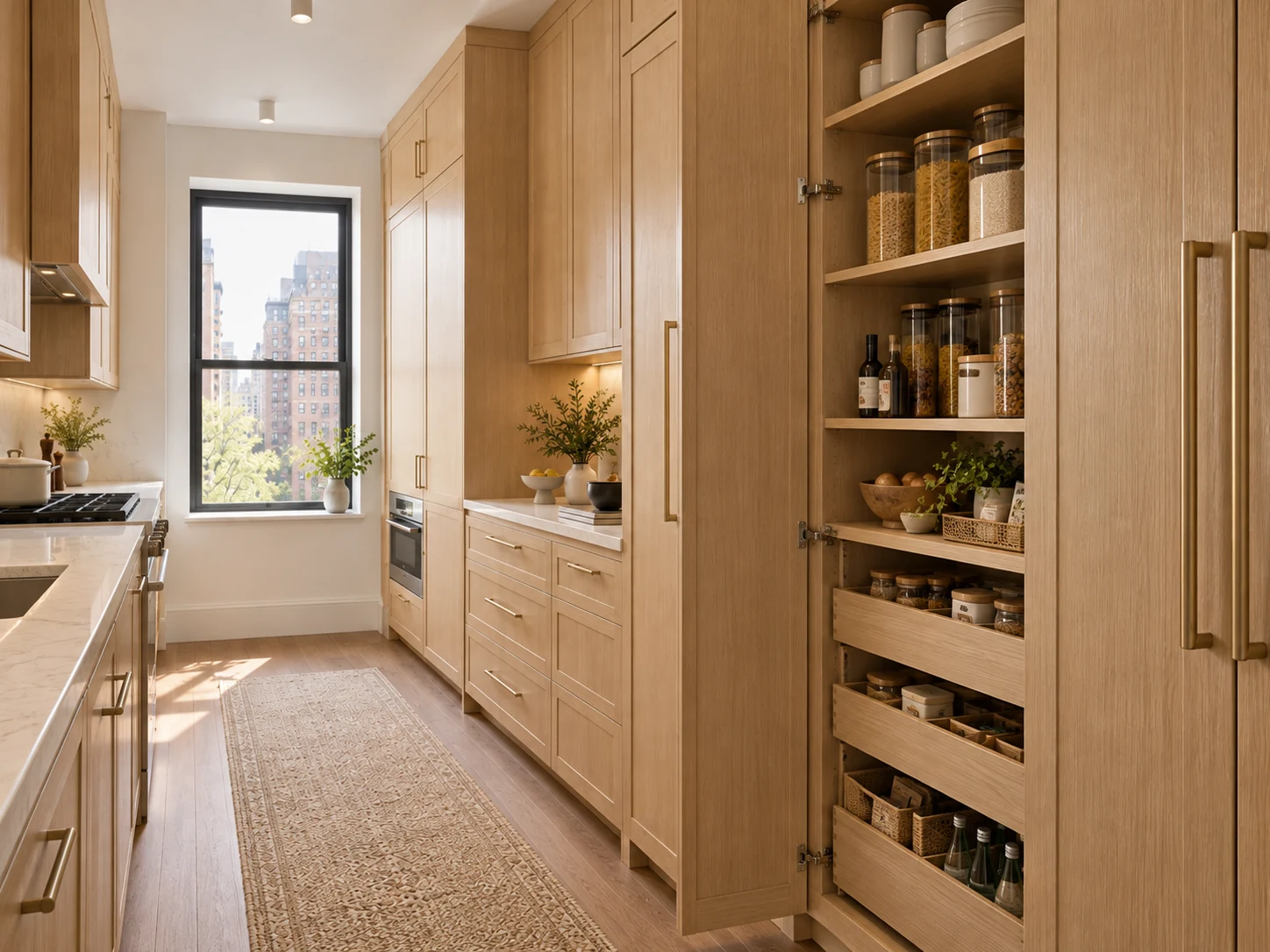 Floor-to-ceiling light oak kitchen pantry with organized shelves and interior pull-out drawers