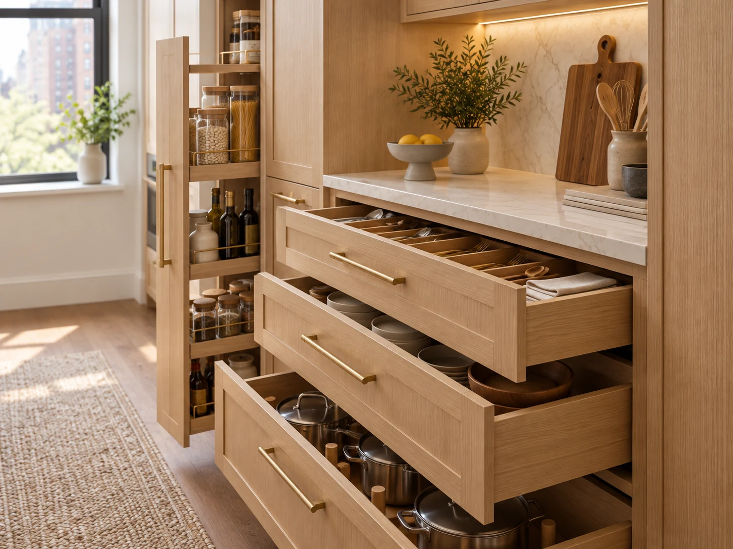 Custom light oak kitchen drawers storing cutlery, dishes and cookware beside a narrow pantry pull-out