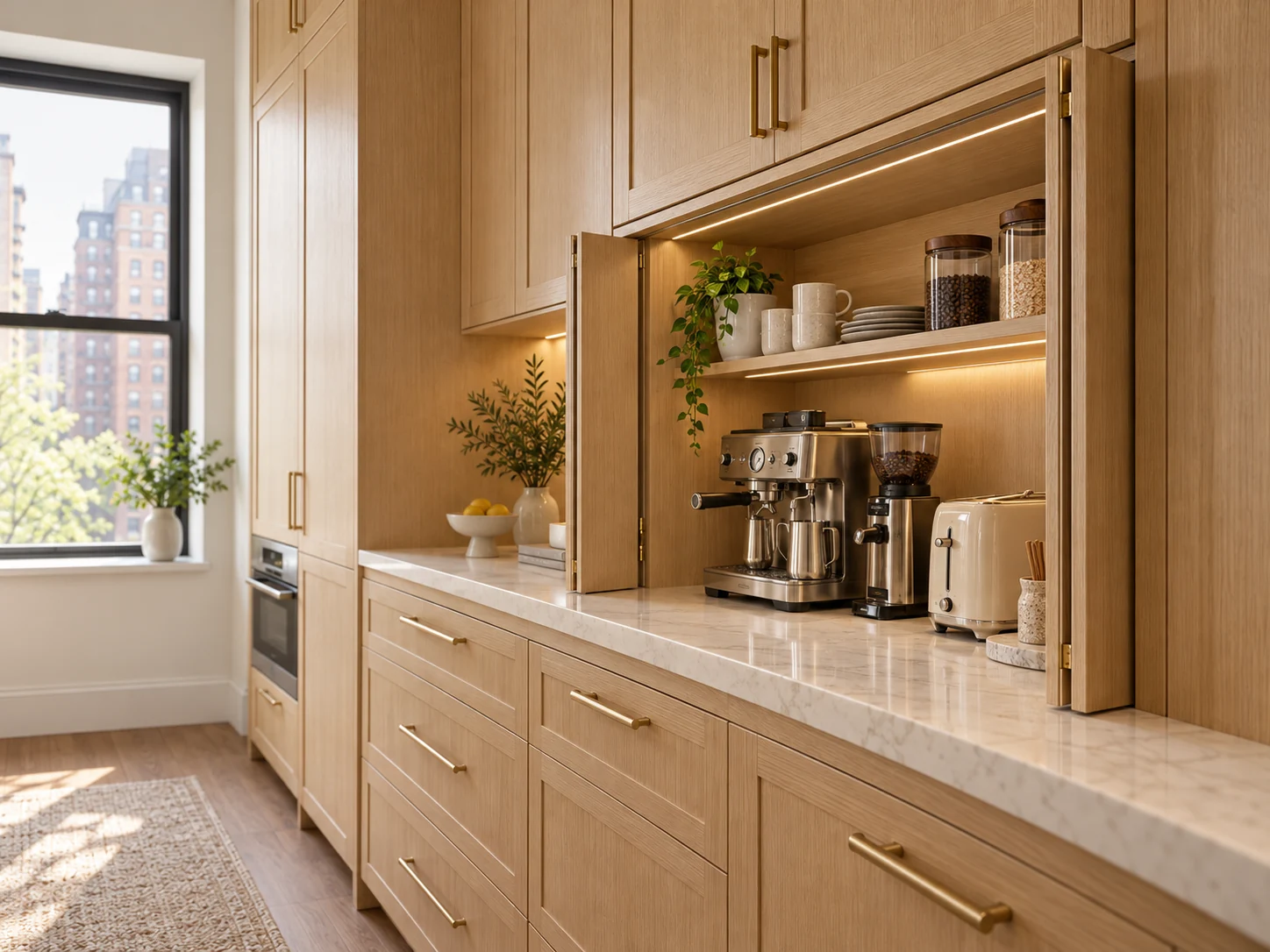 Built-in oak kitchen appliance garage with open cabinet doors revealing an espresso machine, coffee grinder and toaster