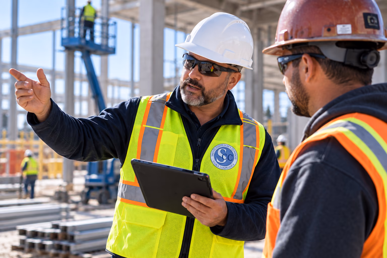 SCC field safety officer on an active jobsite explaining the hazards.
