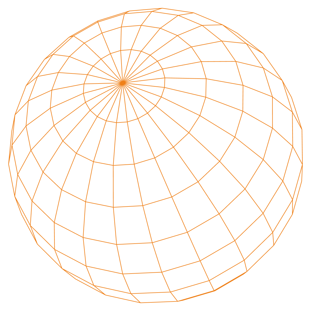 Globe noir stylisé avec un maillage géométrique orange formé de lignes verticales et horizontales, créant un effet de grille arrondie sur un fond noir.