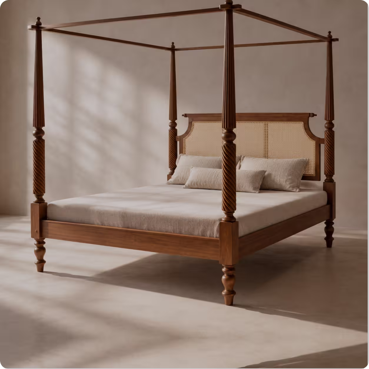 Wooden four-poster bed with woven headboard and neutral bedding in a softly lit room.