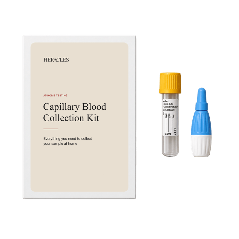 Heracles at-home blood test kit, sample tube and lancet