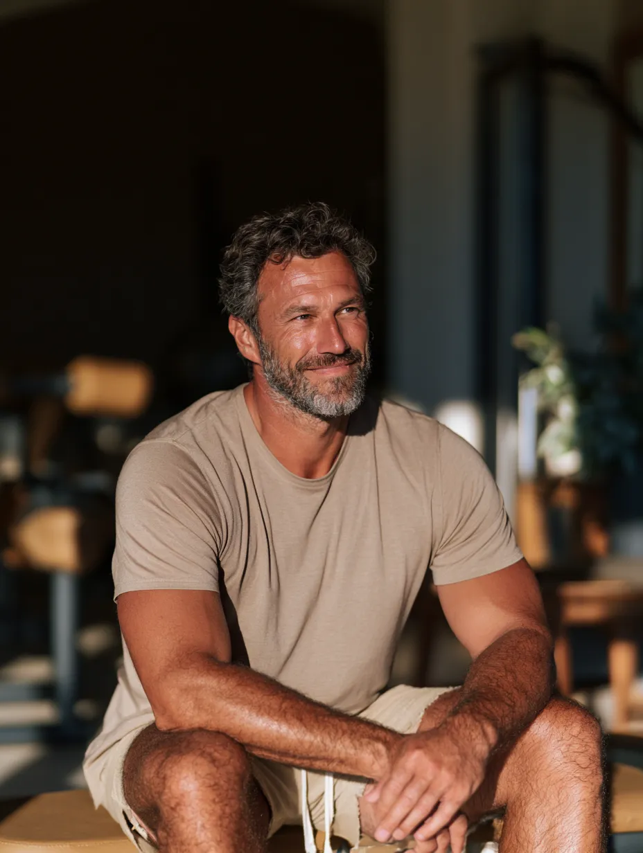 Man seated at home in warm natural light