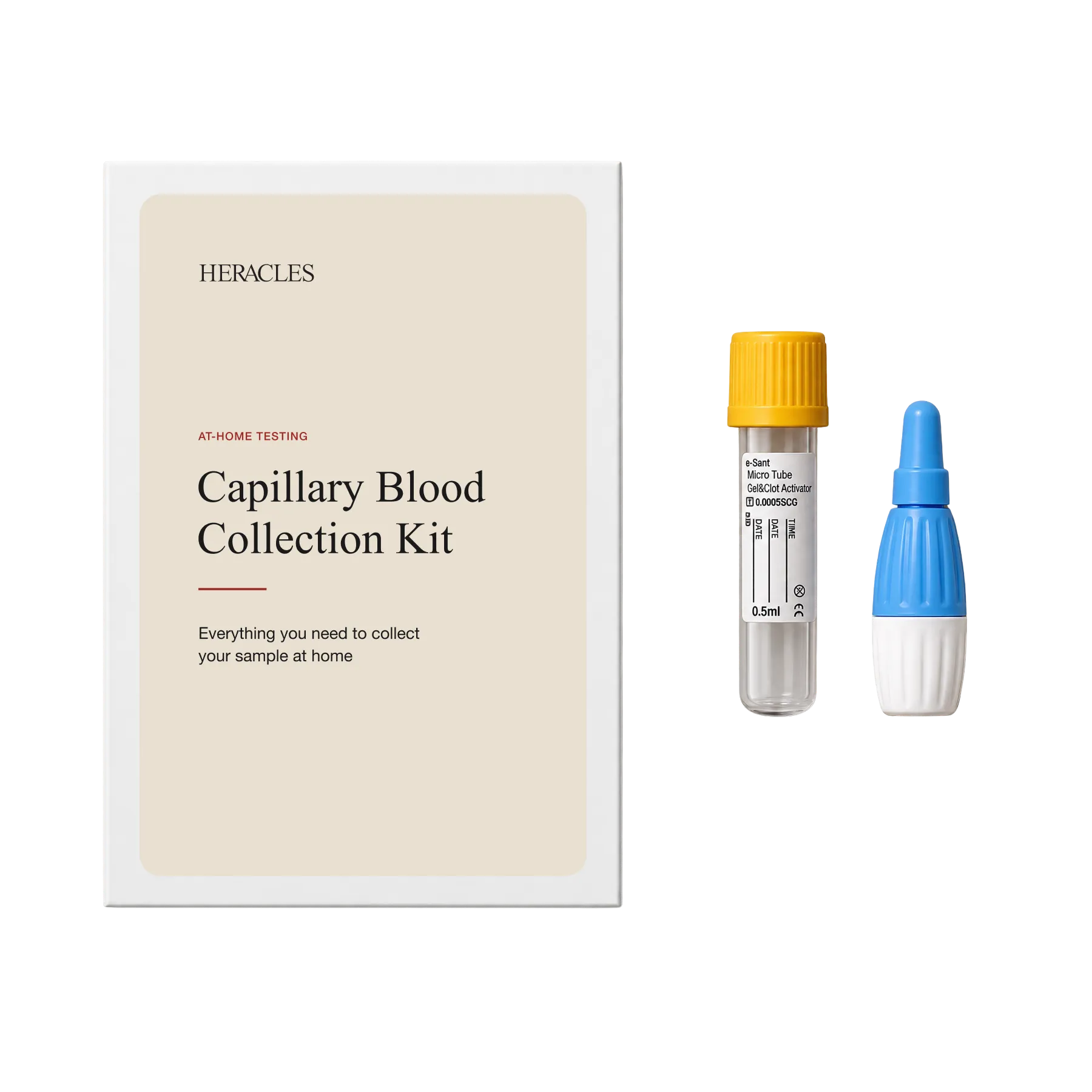 Heracles at-home blood collection kit, sample tube and finger-prick lancet