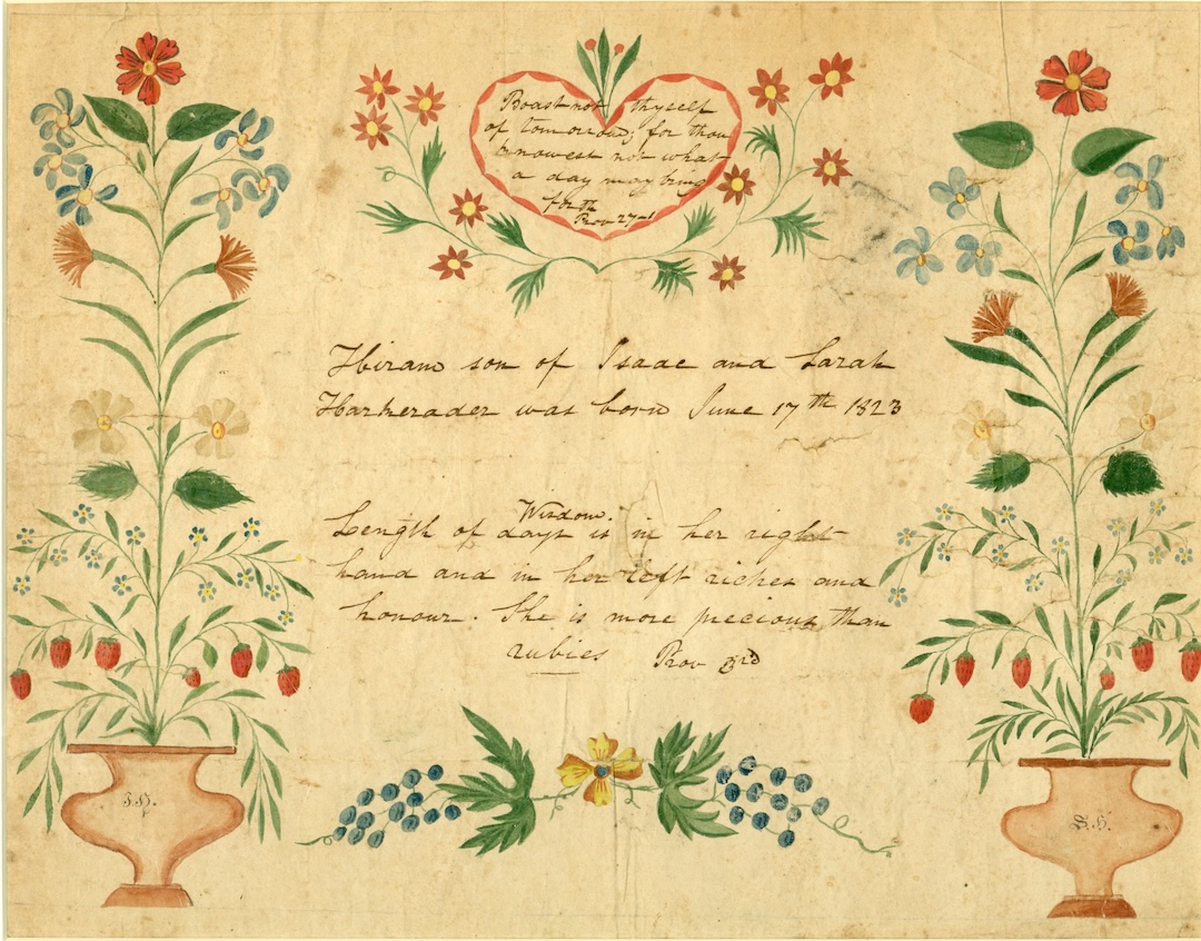 Fraktur of Hiram, son of Issac & Sarah Harkrader, 1823. Gift of John W. Harkrader, 1984.20