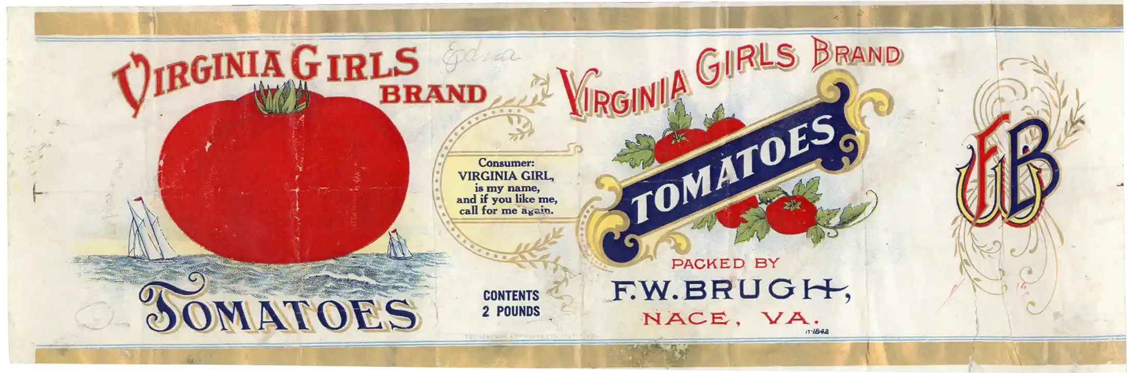 Virginia Girls brand tomato label. Gift of Charles Woods, 2012.711.21