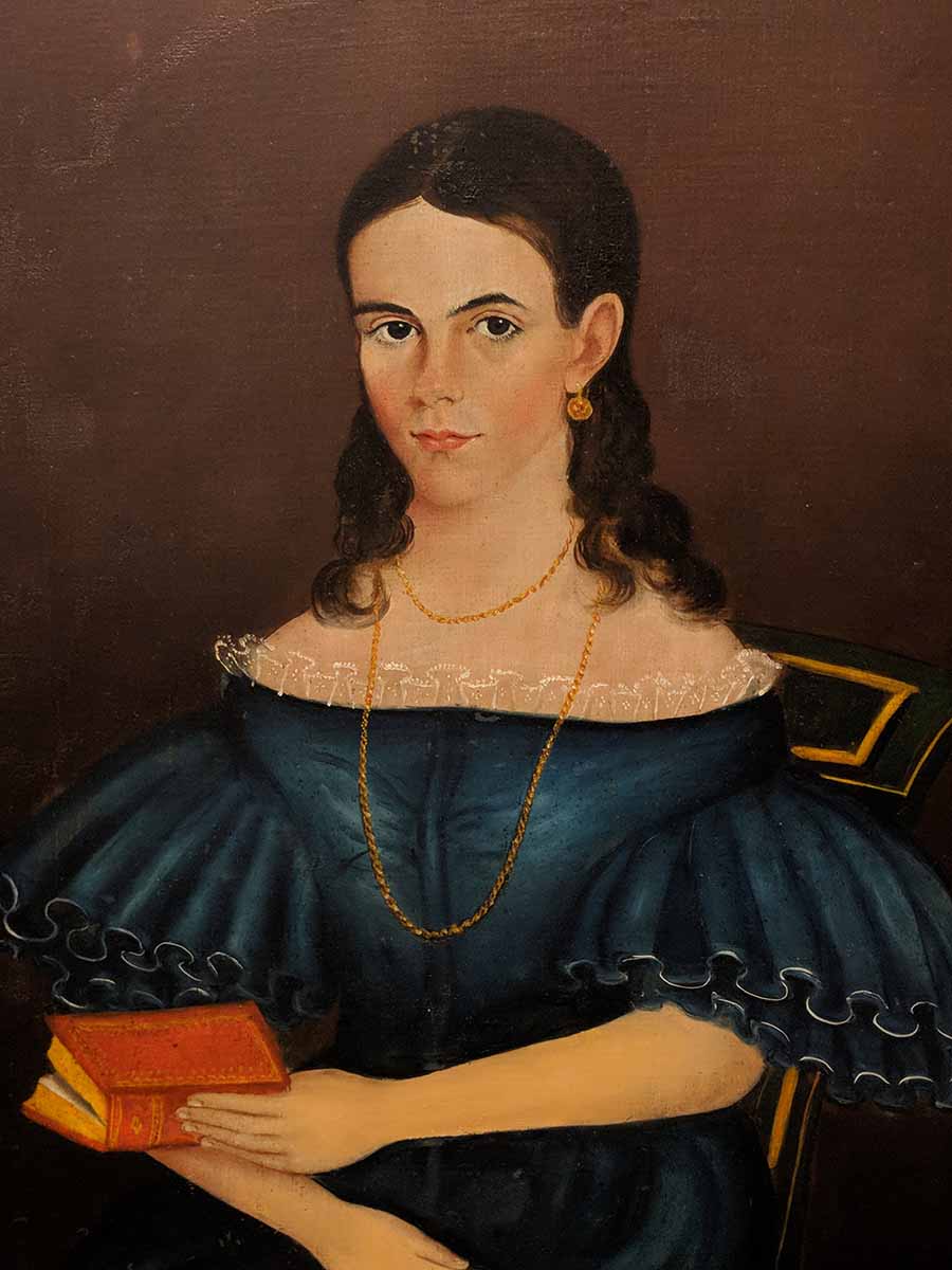 Detail of Samuel Taylor’s portrait of Emeline Sydney Trent, 1837, oil on linen canvas. Gift of Alex Kindred, 1962.15.3