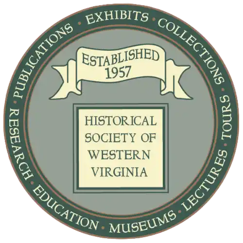 Circular logo with a light grey background and dark green border containing words: Publications, Exhibits, Collections, Tours, Lectures, Museums, Education, Research. Inside the circle is a pale banner reading 'Established 1957' above a framed box with the text 'Historical Society of Western Virginia'.