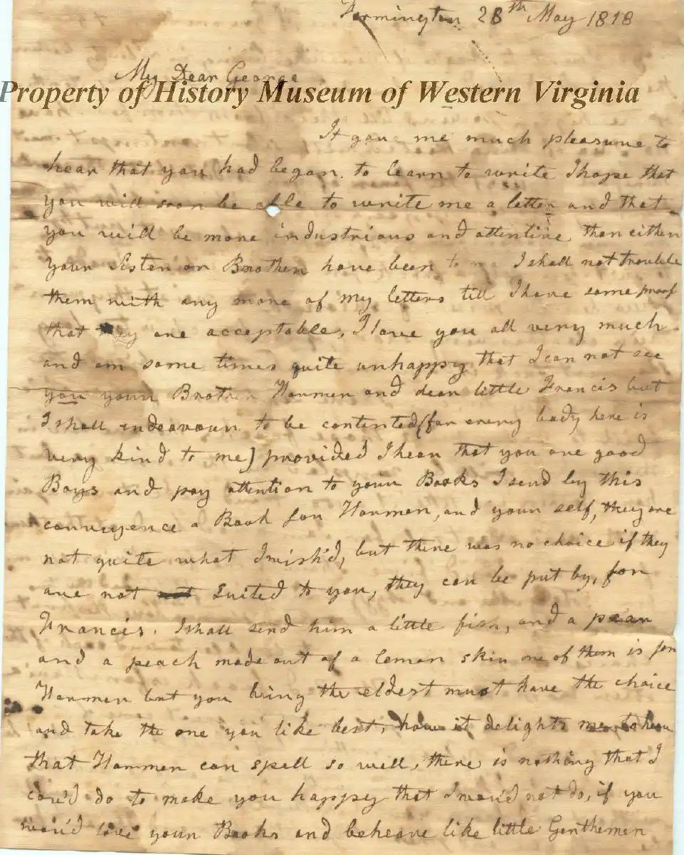 Aged handwritten letter dated 28th May 1818, addressed to 'My Dear George,' with faded ink and visible stains on the paper, exhibiting script typical of early 19th century correspondence.