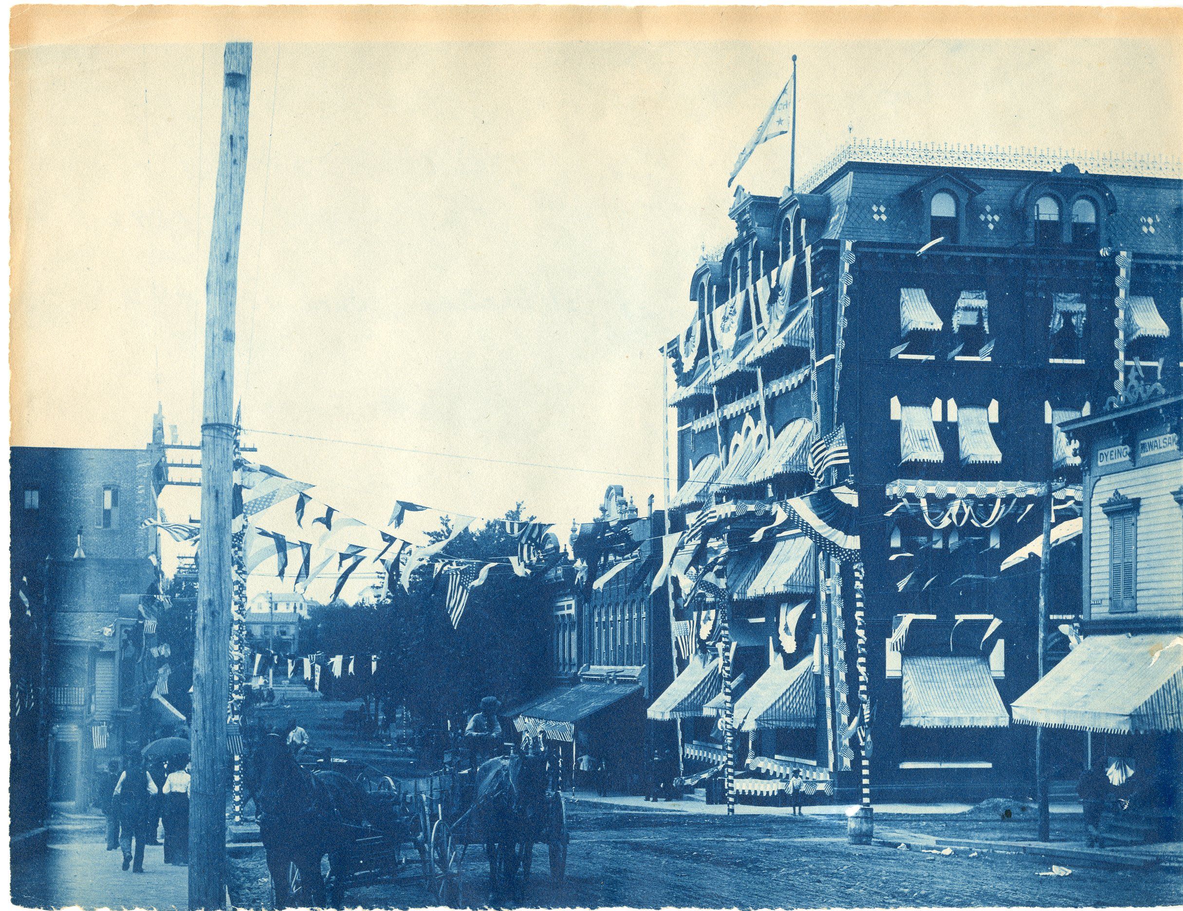 Campbell Ave and Ponce de Leon building decorated for Roanoke’s Decennial Celebrations, June 1892, cyanotype. Gift of George Denison, 1967.64.29