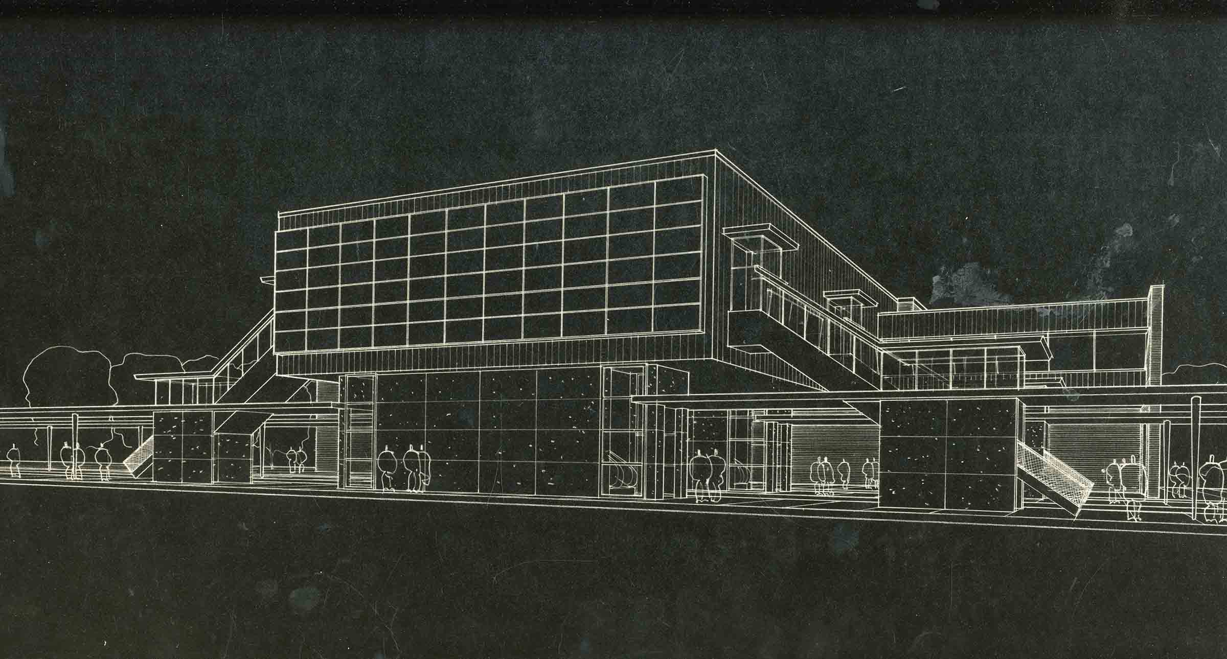 Architectural wireframe drawing of a modern two-story building with large windows and multiple staircases, featuring simplified human figures around the structure.