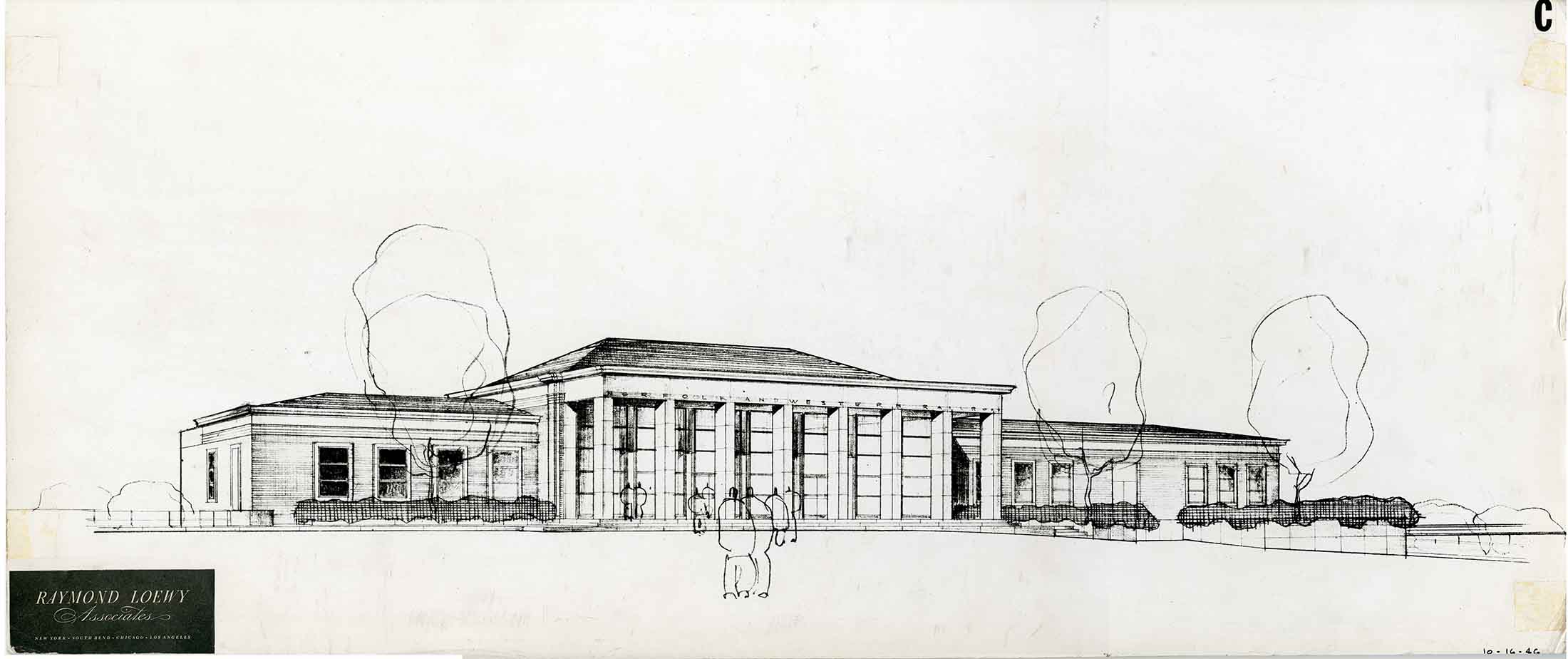 Architectural line drawing of a rectangular building with a columned central entrance and two wings, surrounded by minimal landscaping including bushes and outlined trees, labeled with 'Raymond Loewy Associates' in a black box at the bottom left.