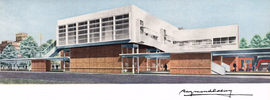Architectural illustration of a modern train station building with a large elevated white structure above a red brick base, glass entrances, and a covered platform area, with a few people walking nearby and trees in the background.