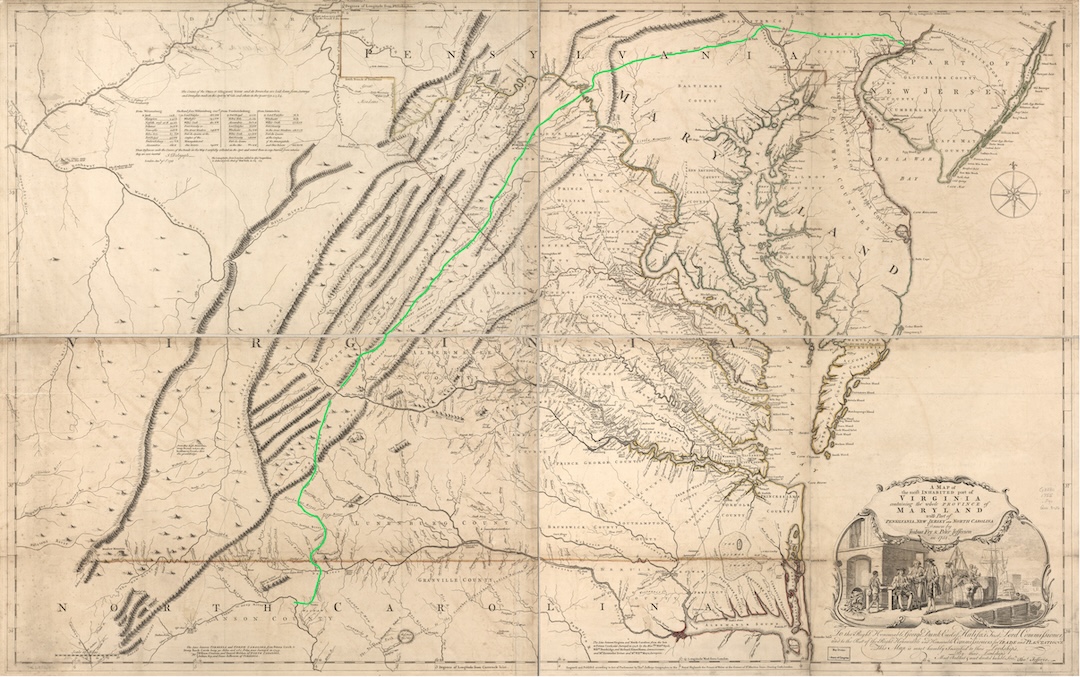 Antique map showing main roads and topography of Virginia, Maryland, and parts of Pennsylvania, New Jersey, and North Carolina with a green line marking a route through these states, including the Appalachian Mountains. The map includes a decorative cartouche with a colonial scene in the lower right corner and a compass rose near New Jersey. Various rivers, towns, and geographic features are labeled in fine script.