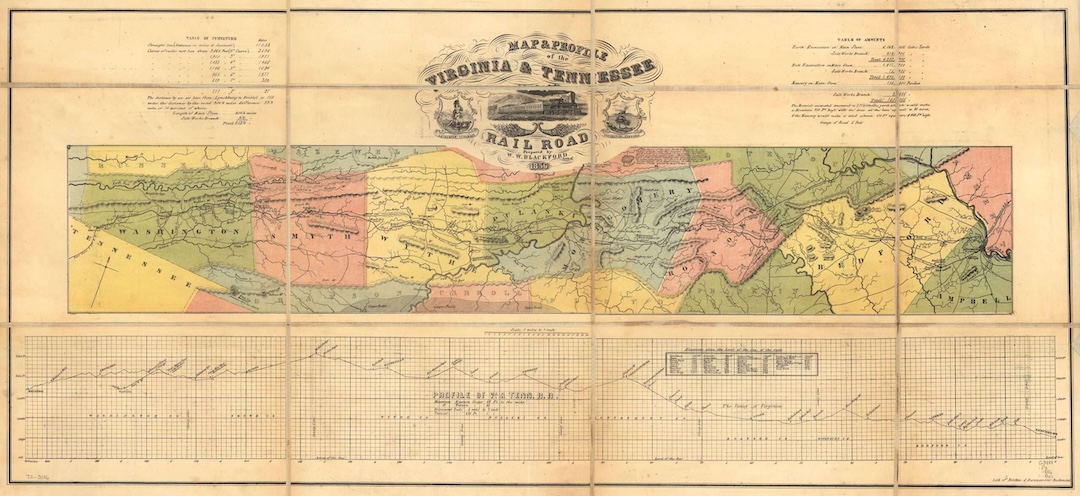 A vintage colored map and profile diagram of the Virginia & Tennessee Railroad from 1846, showing counties along the route in different pastel shades with rivers and rail lines marked, and a detailed elevation chart below the map illustrating the railroad's grade along its course.
