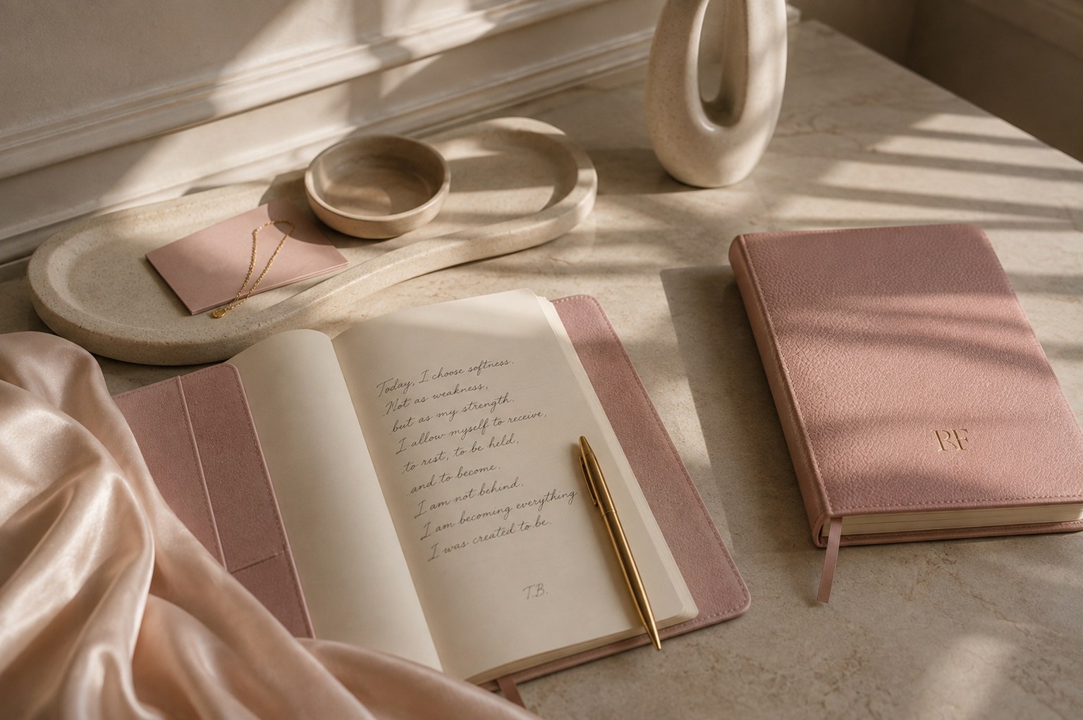 An open journal and blush notebook on a table