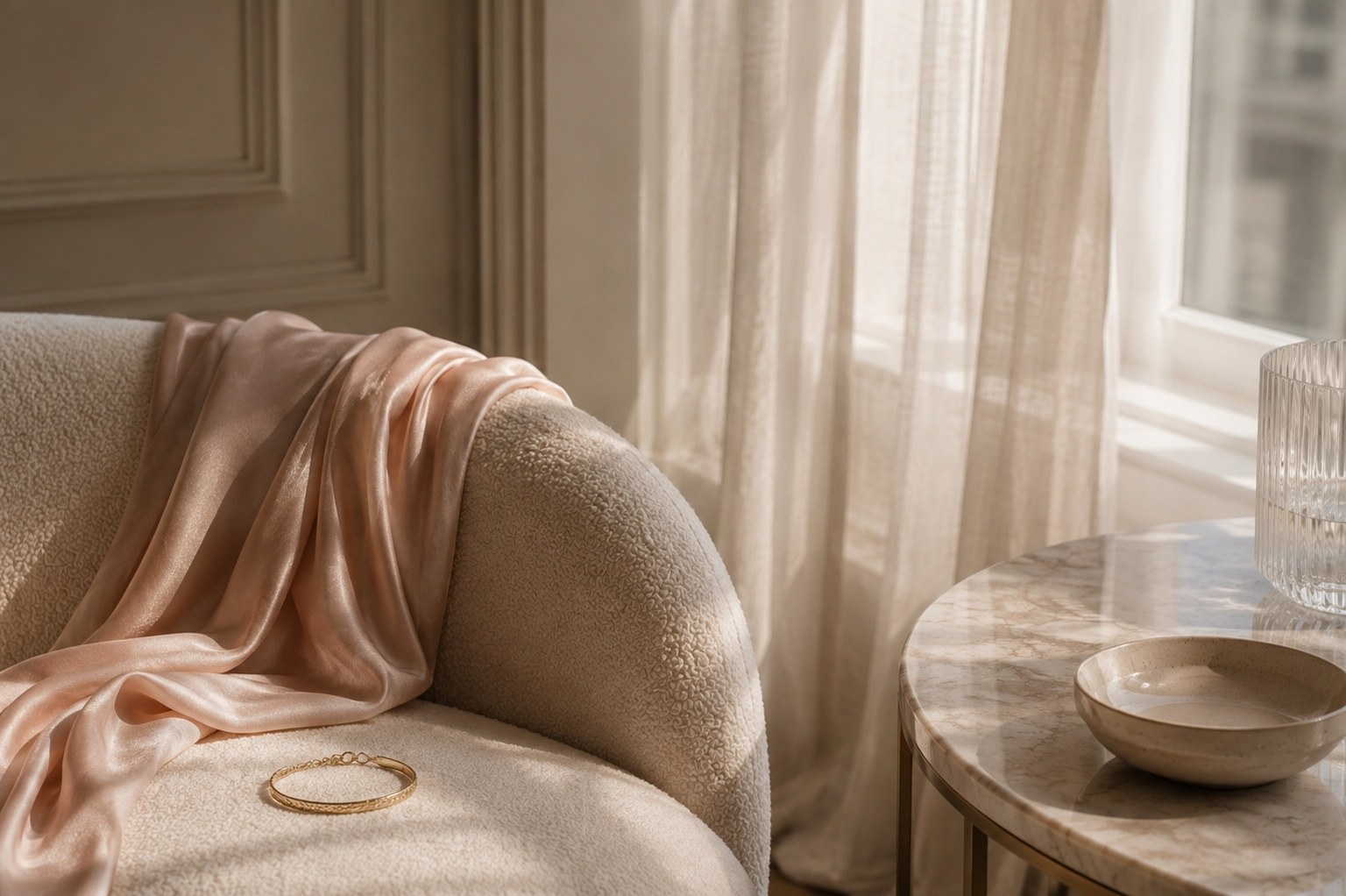 A boucle armchair with a silk throw in soft light
