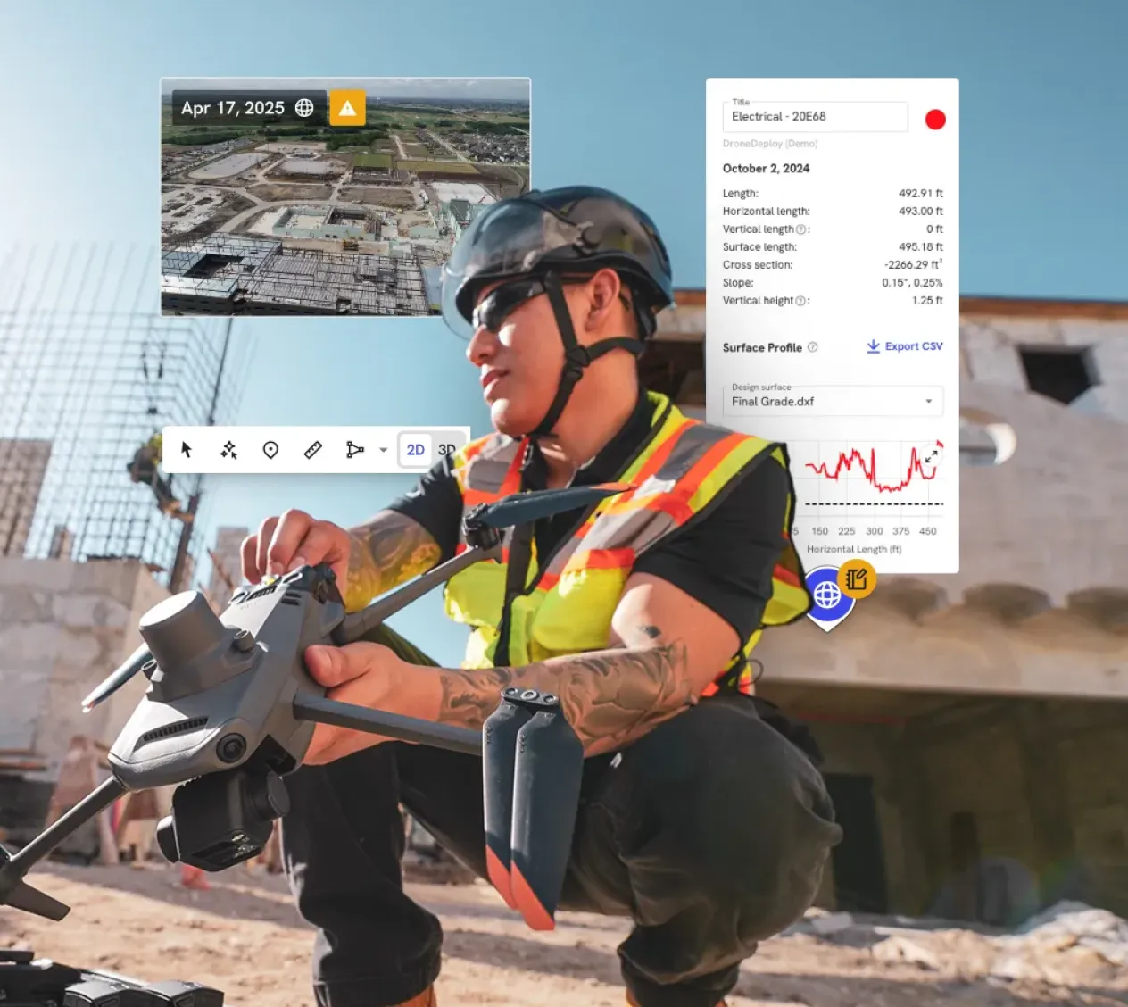 Construction worker in safety gear holding a drone next to an AirData flight and terrain data overlay