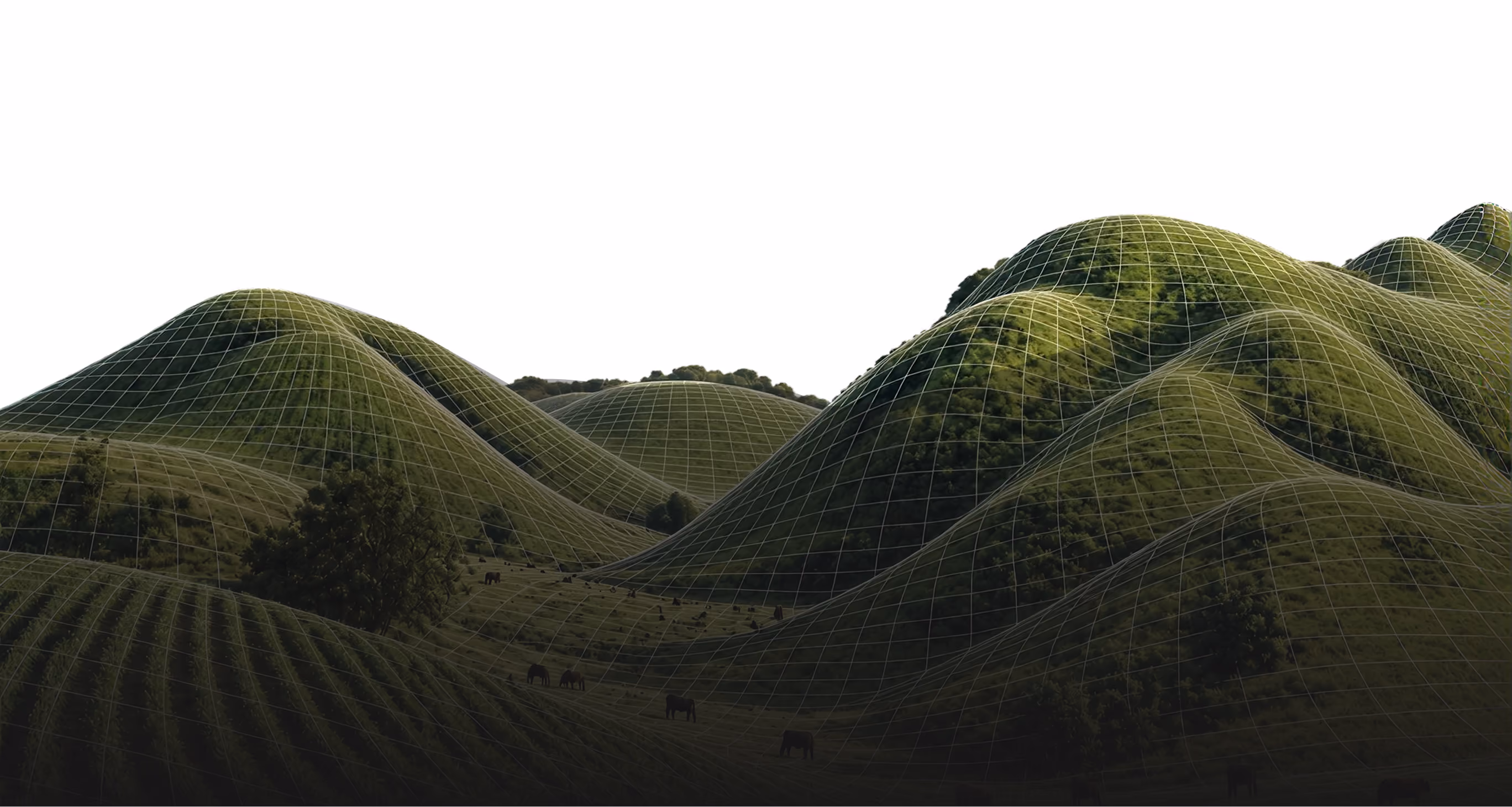 Aerial illustration of green rolling hills overlaid with a flight-path grid