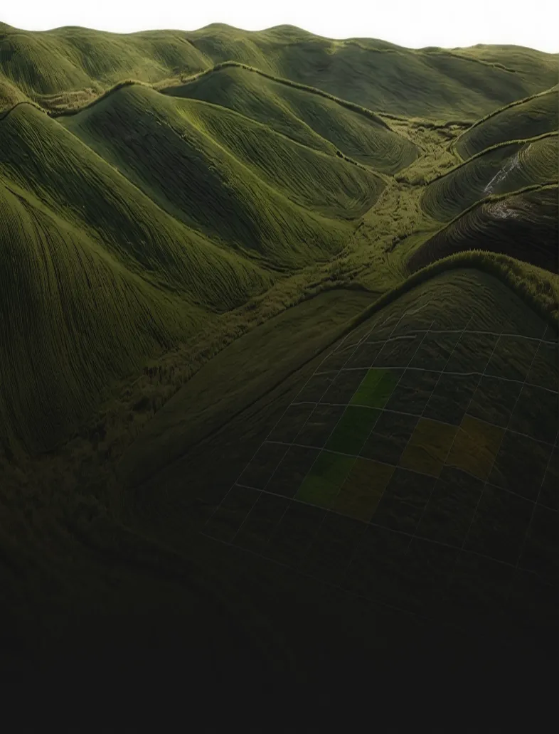 Aerial view of rolling farmland hills with a data grid overlay showing mapped field boundaries