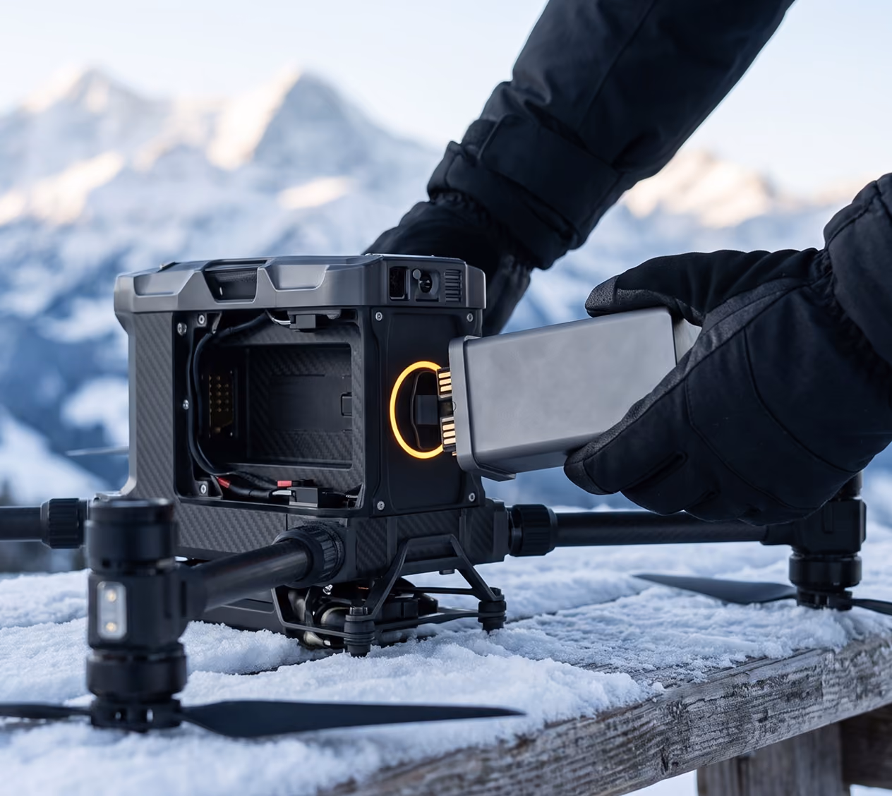 Person wearing black gloves inserting a battery into a drone on a snowy wooden surface with snow-covered mountains in the background.