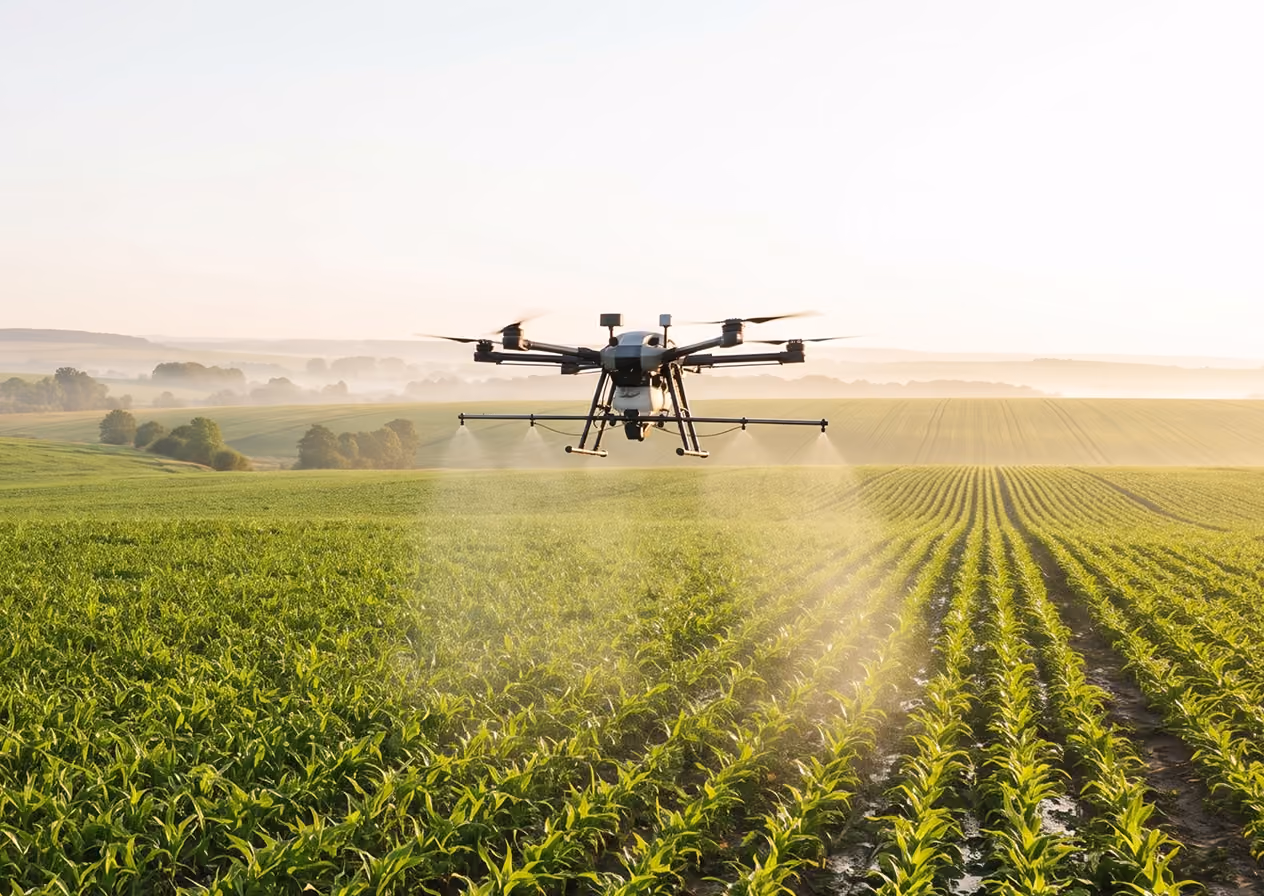 Agricultural drone spraying crops over a green field in a rural landscape during daylight, with rolling hills and trees in the background.