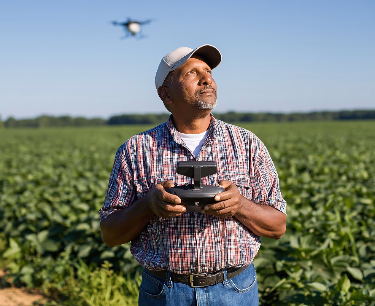 Man in a plaid shirt and cap using a remote controller to operate a drone flying over a green agricultural field under a clear blue sky.