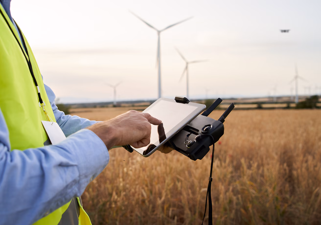 Person in a yellow safety vest and blue shirt using a tablet with a remote control attached, flying a drone in a field with wind turbines in the background during sunset.