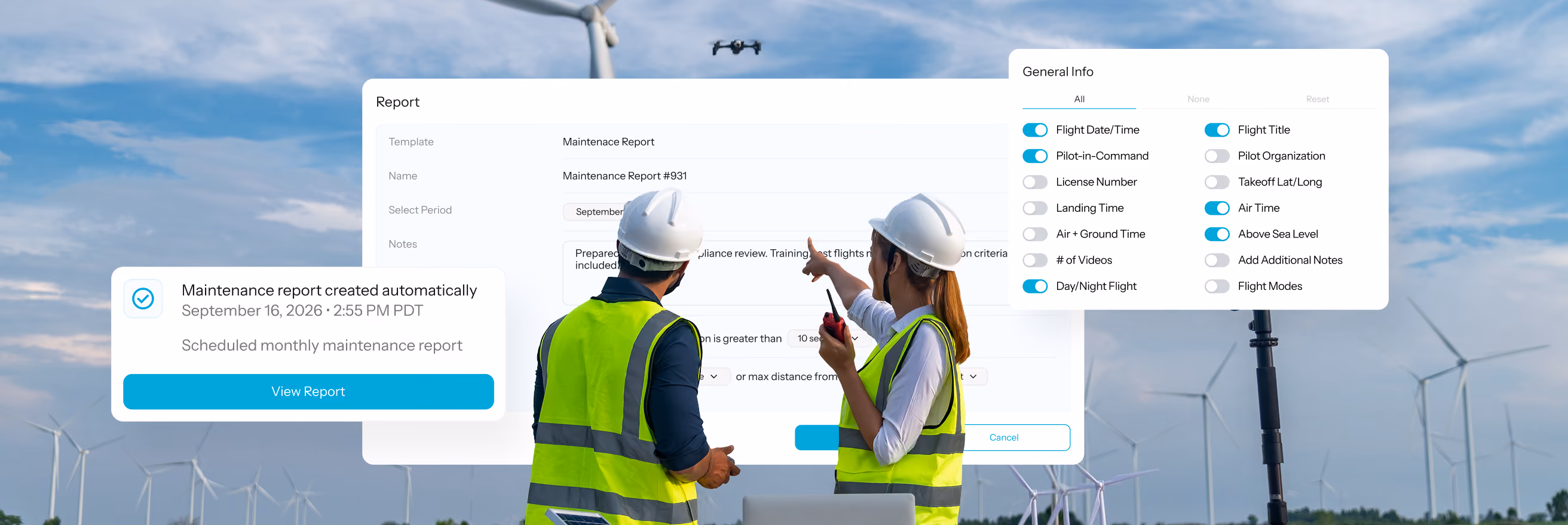 Two maintenance workers wearing white hard hats and yellow safety vests stand in front of wind turbines, with one pointing forward and the other holding a walkie-talkie; a drone flies in the sky behind them and overlaid UI elements show a maintenance report and flight information settings.