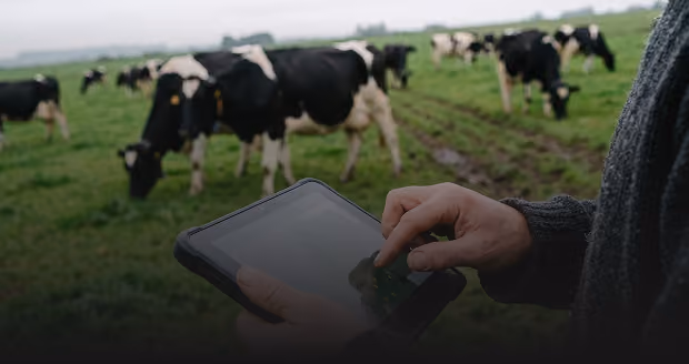 Person using a tablet device in a grassy field with several black and white cows grazing in the background.