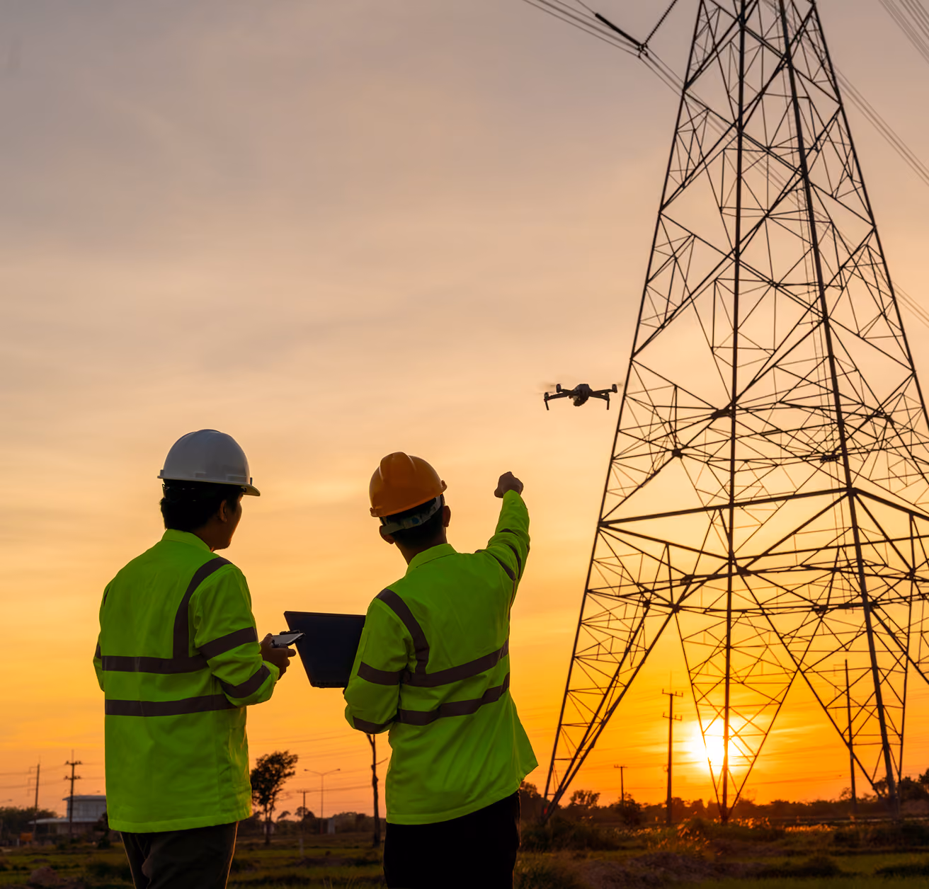 Two workers in high-visibility jackets and helmets operate a drone near a large electricity transmission tower at sunset.