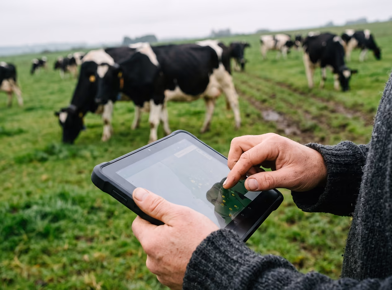 Person using a tablet with a map interface in a grassy field with several black and white cows grazing in the background.