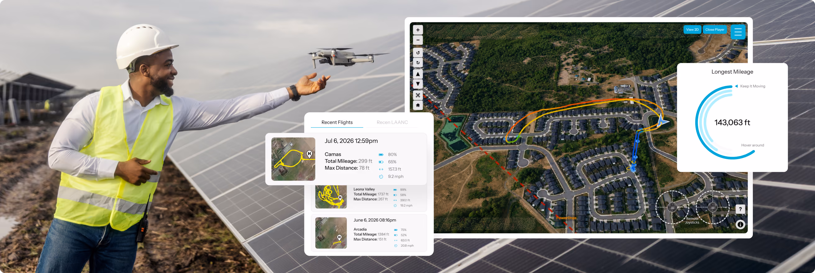 Man wearing white helmet and yellow safety vest launching a small drone over a solar panel field, with an overlay of drone flight data and map showing flight paths and statistics.