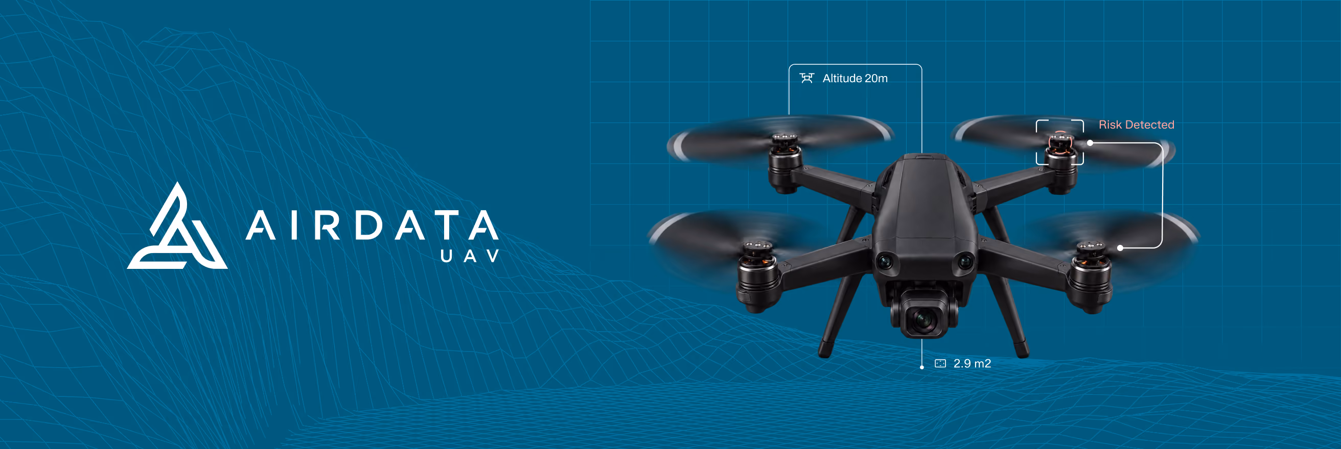 Black drone flying in front of a teal background with a wireframe topographic map; callouts showing altitude 20m, risk detected, and area 2.9 m²; AirData logo in white on left side.