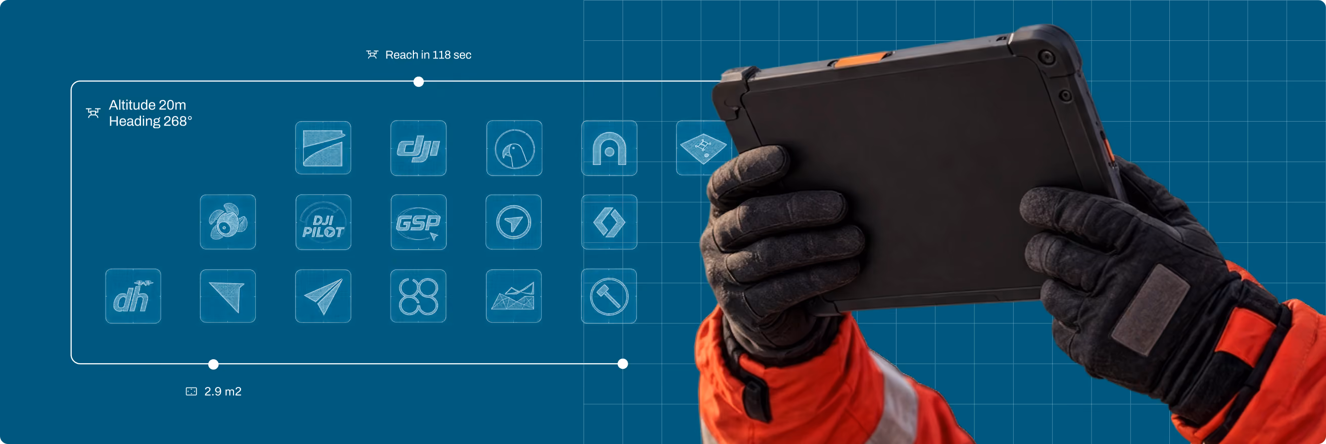 Close-up of a person wearing black gloves and an orange jacket holding a rugged tablet against a blue background with grid lines and drone navigation icons showing altitude 20m, heading 268°, reach time 118 sec, and area 2.9 m2.