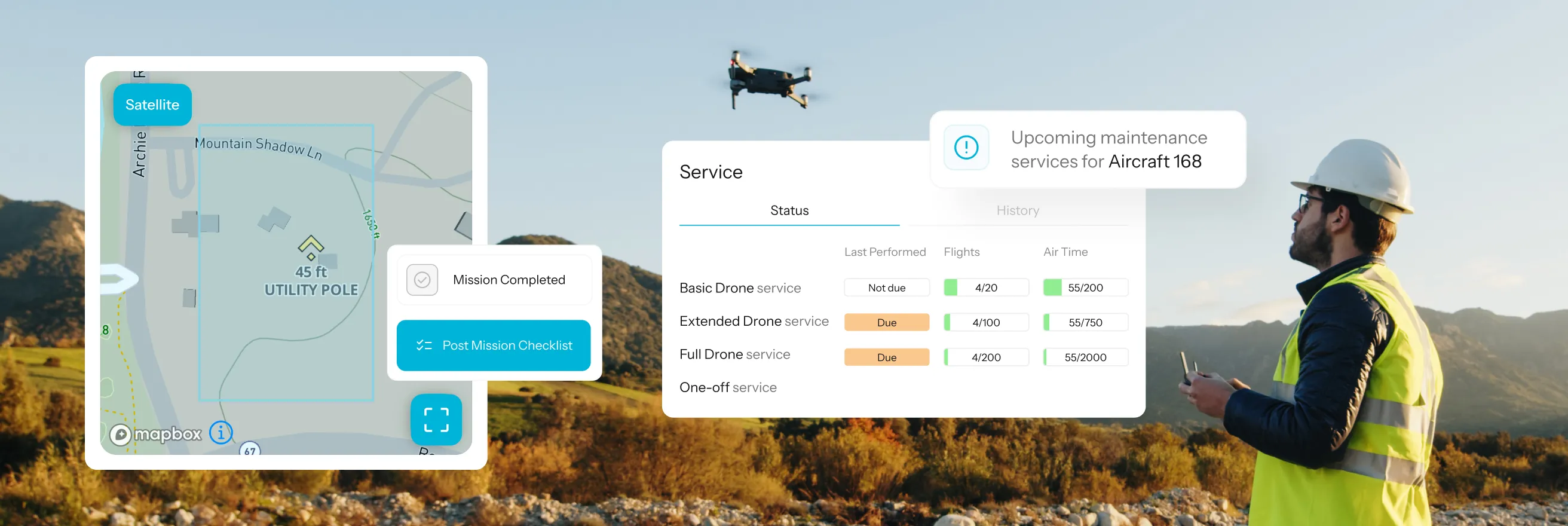 A man wearing a white safety helmet and yellow reflective vest operates a remote control while looking at a drone flying outdoors over a mountainous landscape, with an overlaid user interface showing a map labeled 'UTILITY POLE 45 ft,' a mission checklist marked 'Mission Completed,' and drone service status panels indicating upcoming maintenance for Aircraft 168.