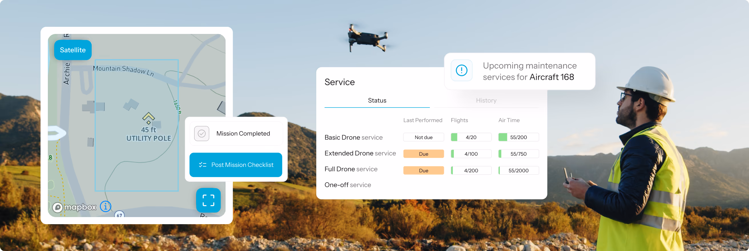 A man wearing a white safety helmet and yellow reflective vest operates a remote control while looking at a drone flying outdoors over a mountainous landscape, with an overlaid user interface showing a map labeled 'UTILITY POLE 45 ft,' a mission checklist marked 'Mission Completed,' and drone service status panels indicating upcoming maintenance for Aircraft 168.