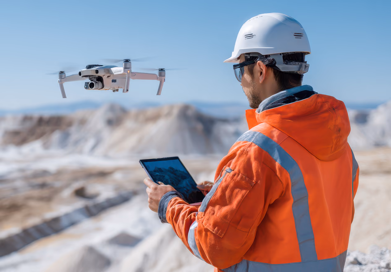 Worker in an orange safety jacket and white helmet operating a drone with a tablet in a rocky, mountainous outdoor area under a clear sky.