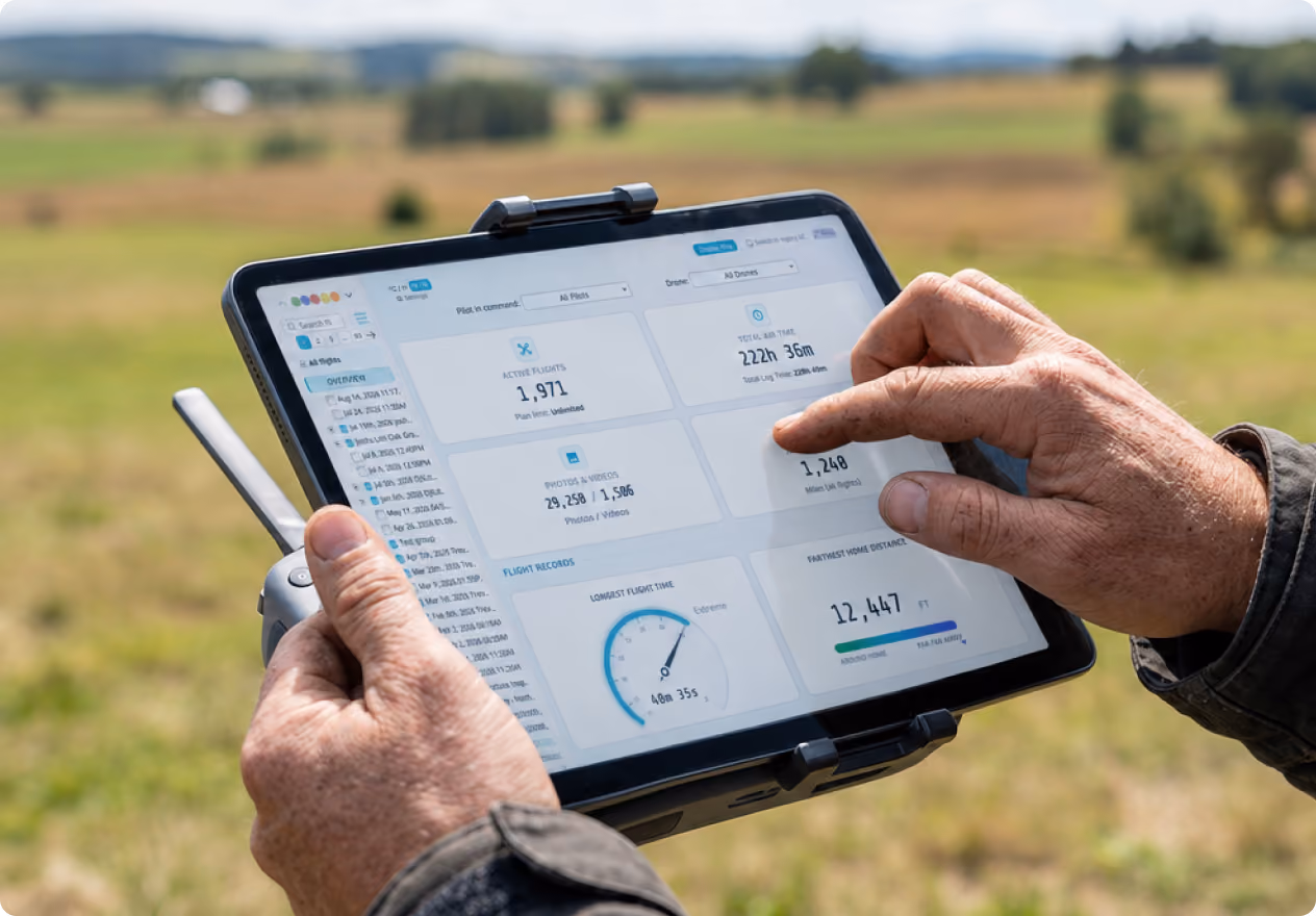 Close-up of a person holding a tablet outdoors showing a drone flight management interface with data on active flights, total air time, photos and videos, mission flight logs, flight records, and fastest home distance in feet.