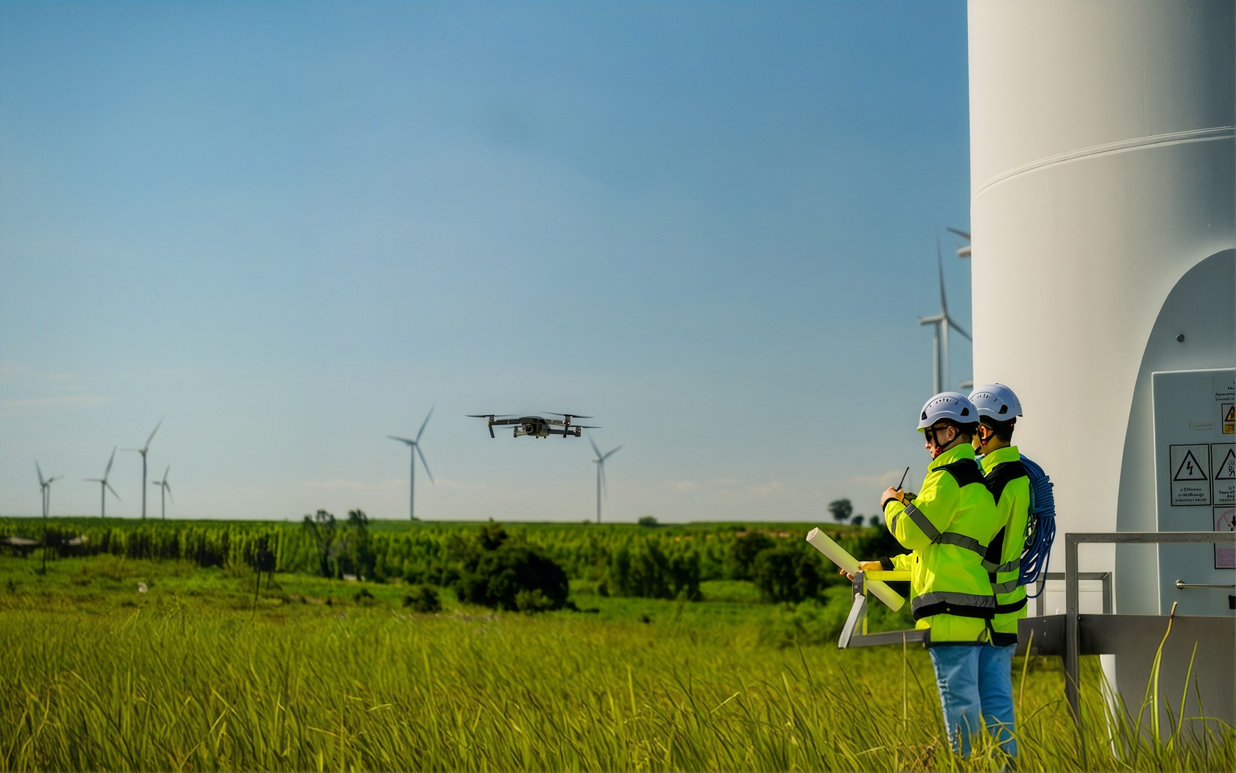 Two field workers in high-visibility gear fly a drone near wind turbines