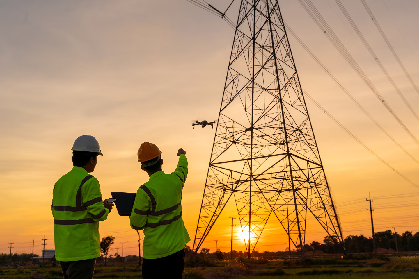 Utility crew watching a drone inspect a transmission tower at sunset