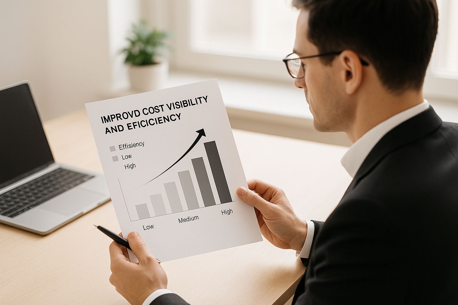 Infographic showing a professional reviewing a rising bar chart, symbolizing improved cost visibility and efficiency for accurate job costing
