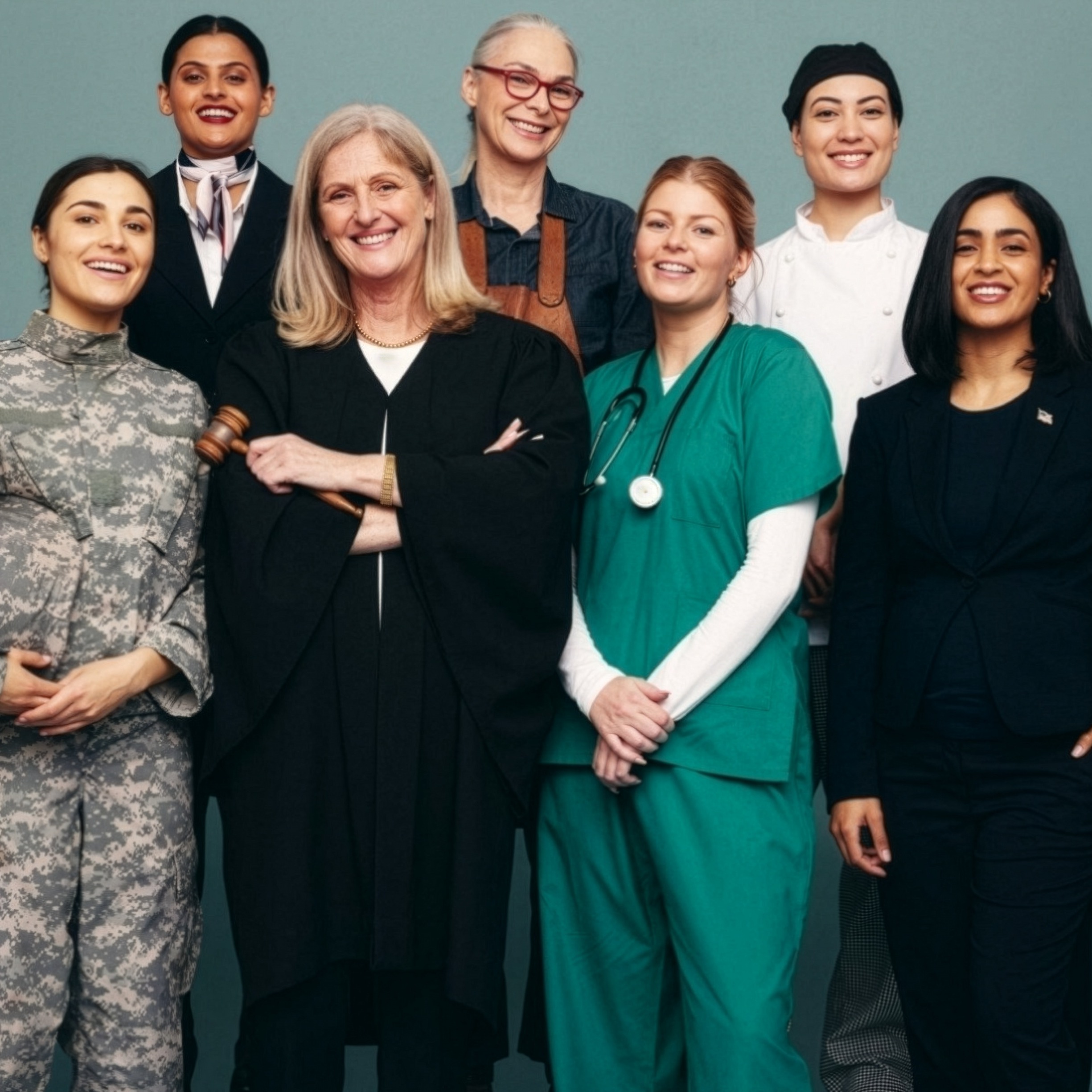 Professionals from many fields, including military, healthcare and legal, standing together