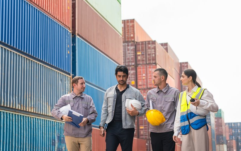 Logistics and distribution professionals in freight bay