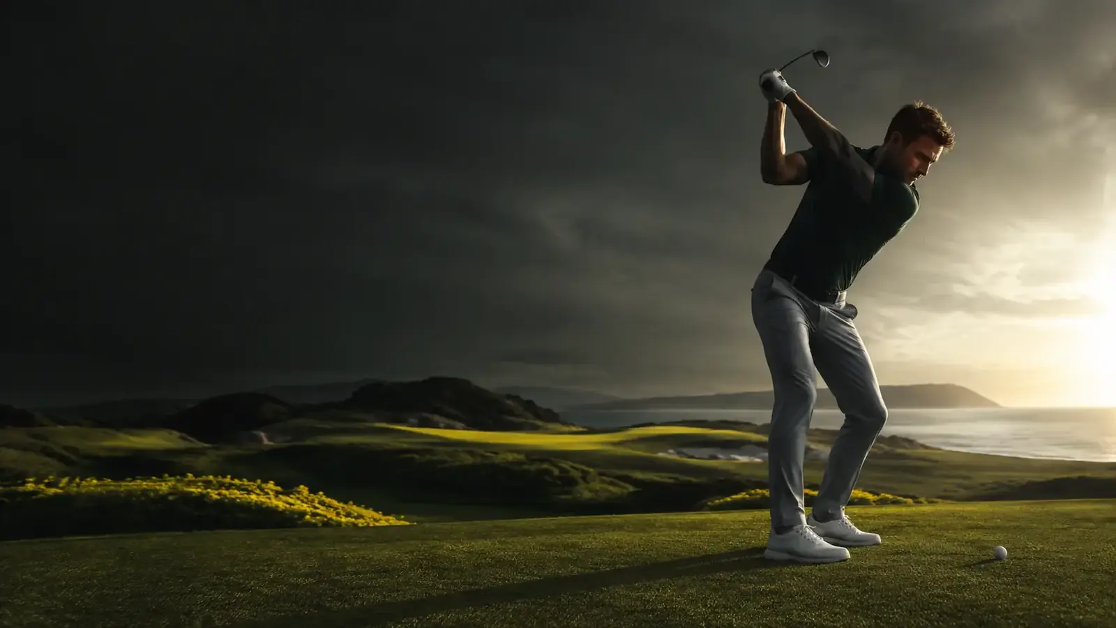 Golfer in motion on a coastal course