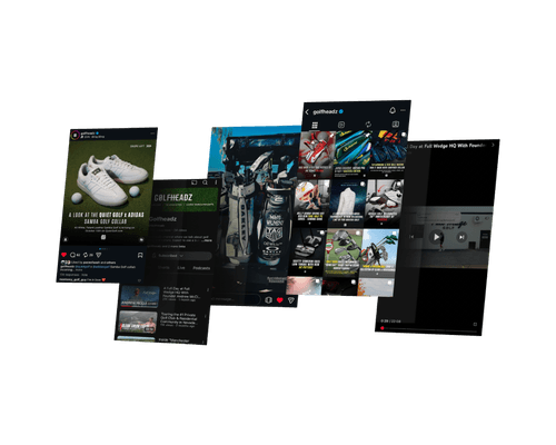 Collage of Golfheadz social posts, videos and product content across its digital channels.