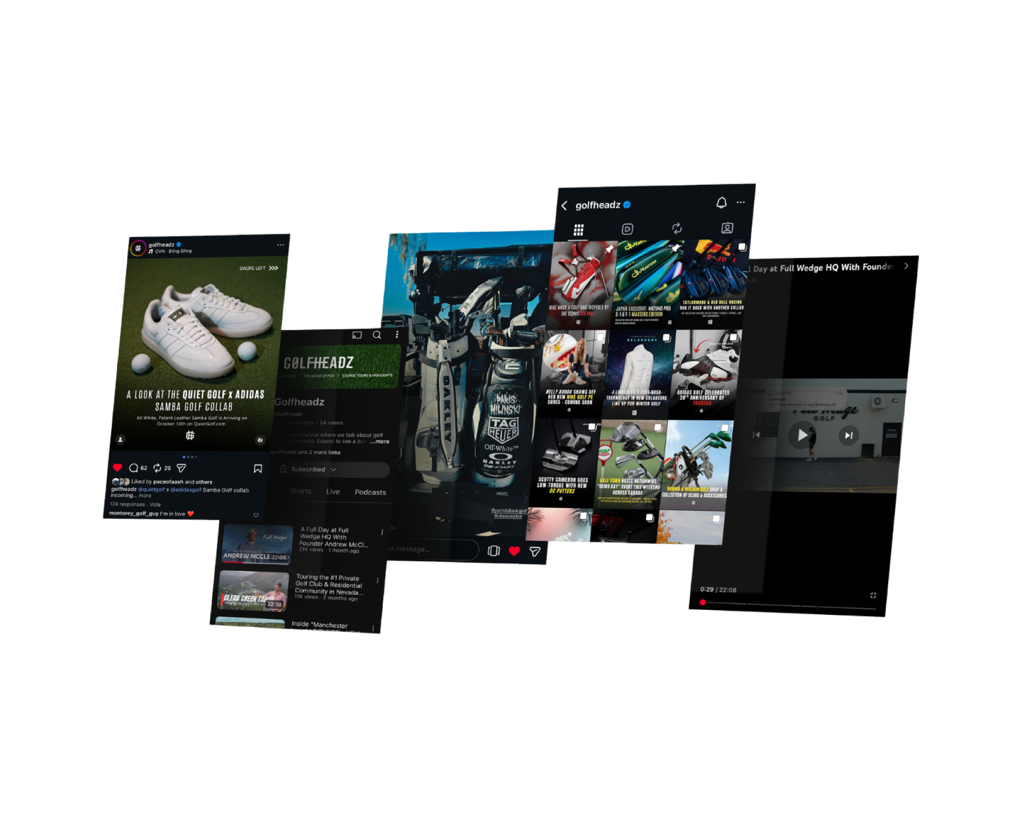 Collage of Golfheadz social posts, videos and product content across its digital channels.