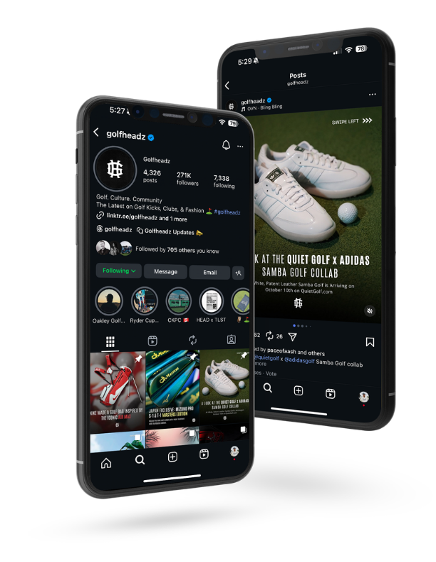 Two mobile devices showing the Golfheadz Instagram profile and branded golf content.