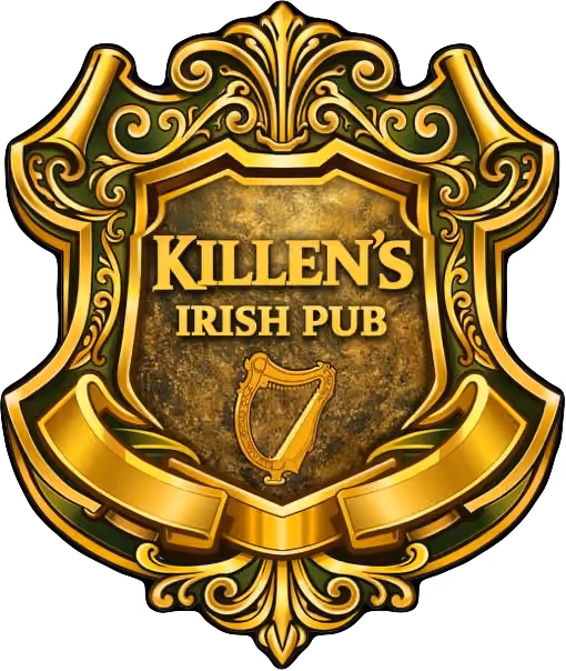 Ornate gold and green crest with 'Killen's Irish Pub' text and a golden harp symbol.